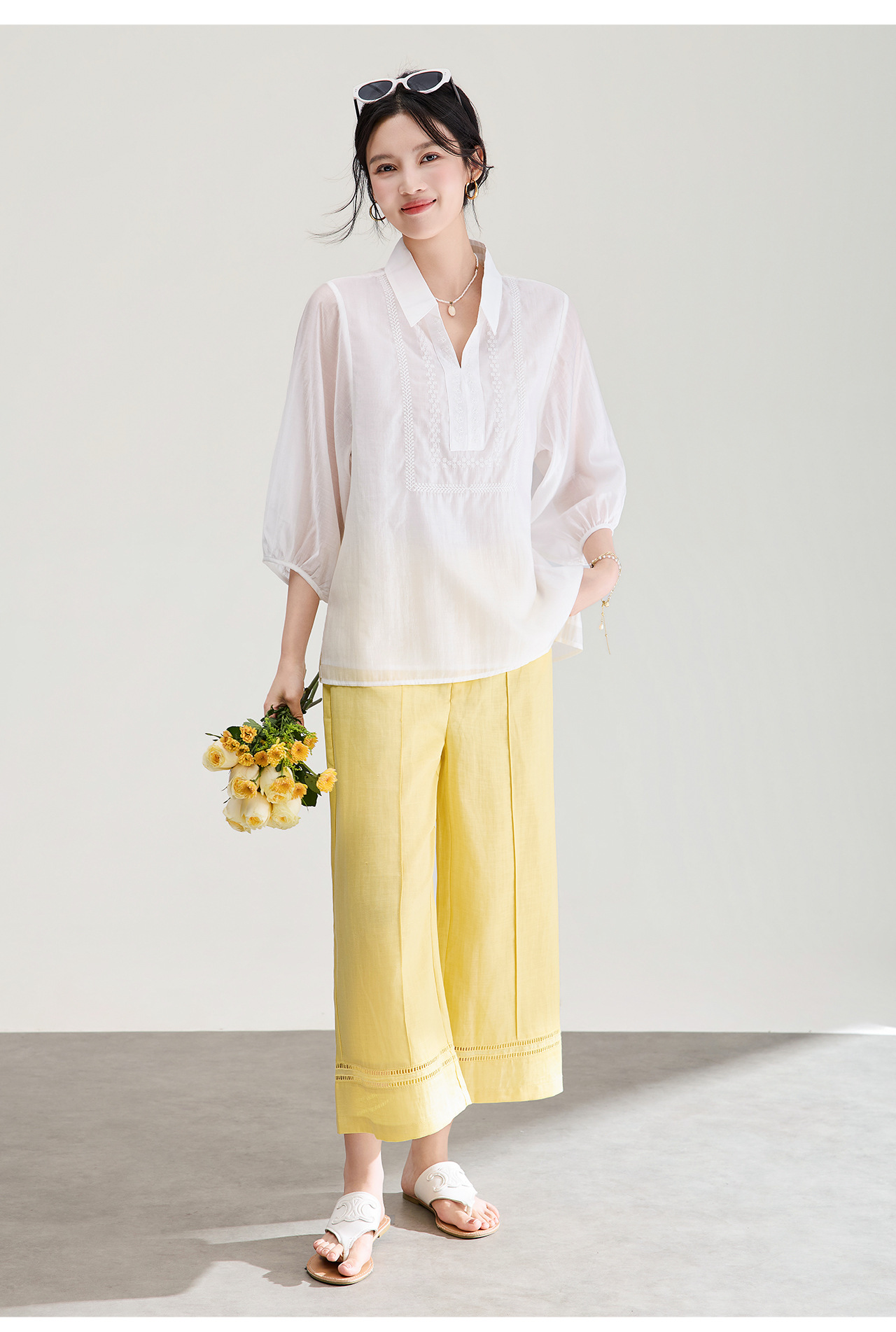 Áo sơ mi nữ tay lỡ thêu hoa tay chất liệu tencel cao cấp — màu trắng chi tiết 19