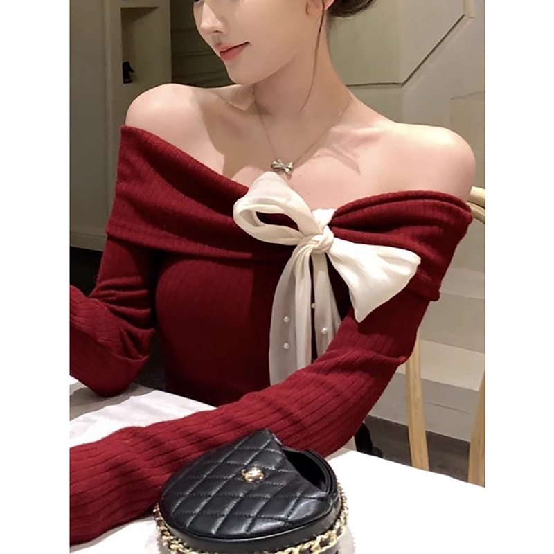Shoulder Bow Knitted Base Shirt Women's 2024 Autumn and Winter Christmas Red Long Sleeve Inner Irregular Top