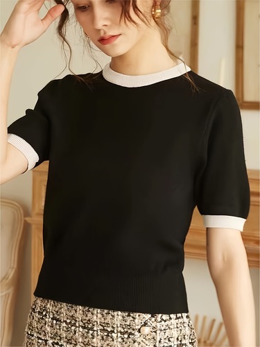 Contrast Trimming Knitted Top T-shirt Elegant Casual Holiday