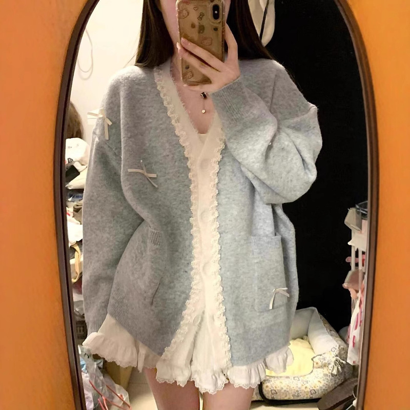 Blue Bow Sweater Cardigan Coat Women's Autumn and Winter Korean Wear Loose Lazy Style Sweater Top Blue Bow Sweater Cardigan Coat Women's Autumn and Winter Korean Wear Loose Lazy Style Sweater Top