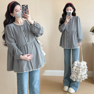 Pregnant Women's Top 2025 Spring New Fashion Plaid Stitching Lace Loose Pregnant Belly Covering Trendy Mom Doll Shirt