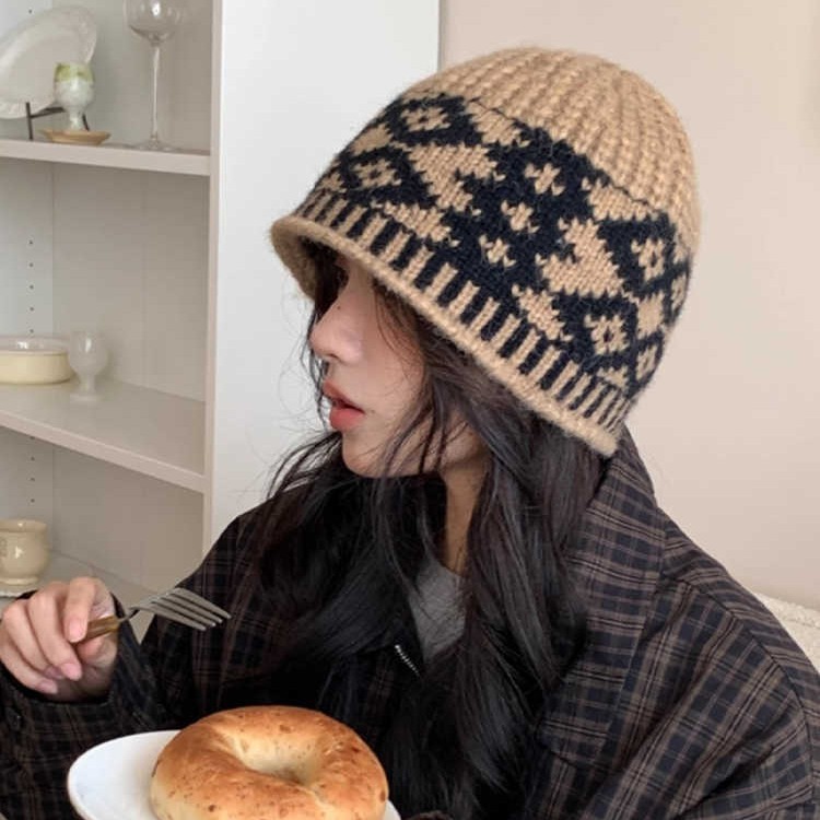 复古菱形格子毛线帽子女秋冬季小众设计感针织帽保暖防寒包头冷帽|undefined