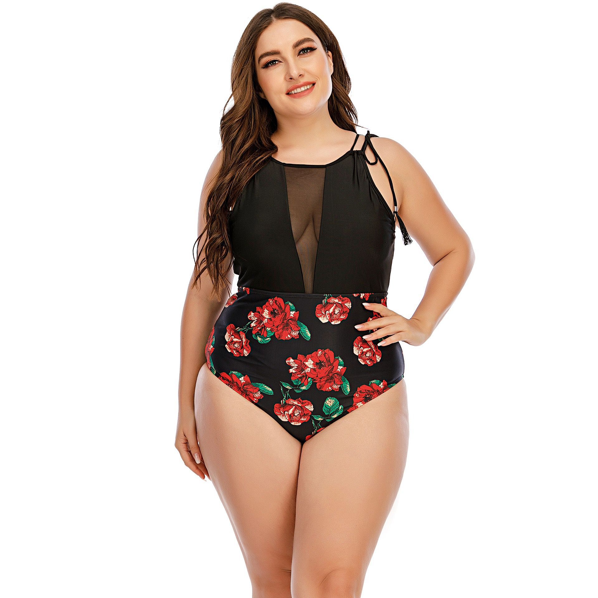 plus size mesh printing stitching sleeveless one-piece swimsuit NSJHD124951