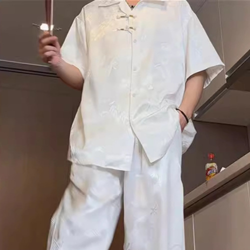 Modern Chinese Men's Fashion: Retro Style Casual Shirt, Summer Short Sleeve, Flowing, Elegant Ice Silk Blouse with Outerwear