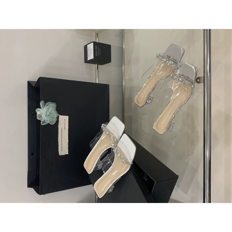 Женская летняя верхняя одежда из овчины с квадратным носком и кристаллами на толстом каблуке, прозрачные тапочки на низком каблуке в сказочном стиле, элитные стильные тапочки