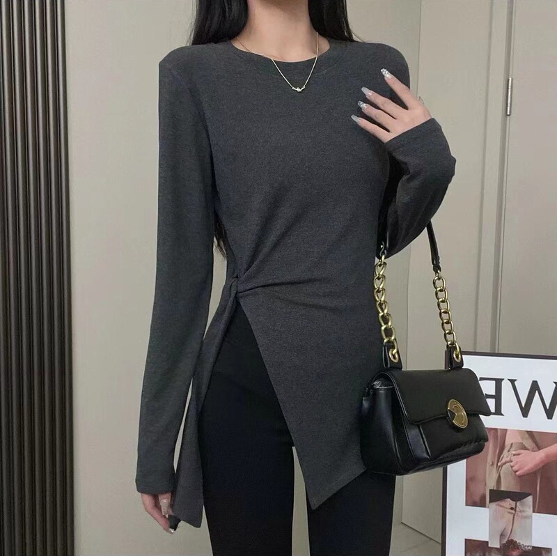 大码胖mm不规则开叉系带中长款长袖T恤女新款秋修身显瘦正肩上衣|undefined