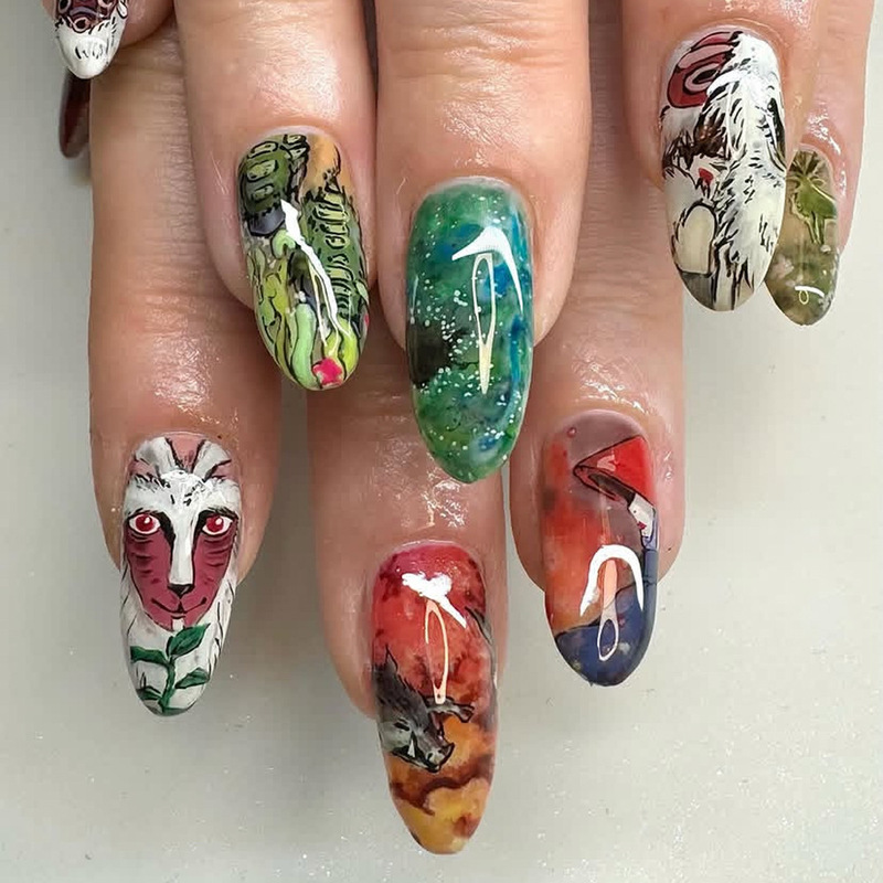 Hand-Painted Anime Scene Nail Art Wholesale, Sweet and Cool Artistic Style Long Almond-Shaped Nail Stickers, Fake Nails Wholesale Hand-Painted Anime Scene Nail Art Wholesale, Sweet and Cool Artistic Style Long Almond-Shaped Nail Stickers, Fake Nails Wholesale