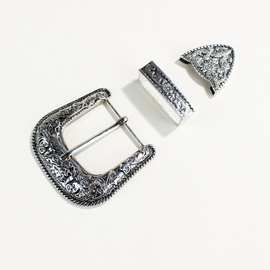 欧美民族复古花纹金属皮带扣高级唐草合金带钻中性国风腰带三件套