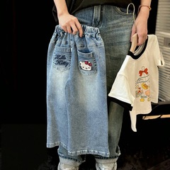 韓国版の子供の漫画の刺繍のジーパン2025春夏の洋風のカジュアルなズボンの女の子のワイドレギンスのズボン