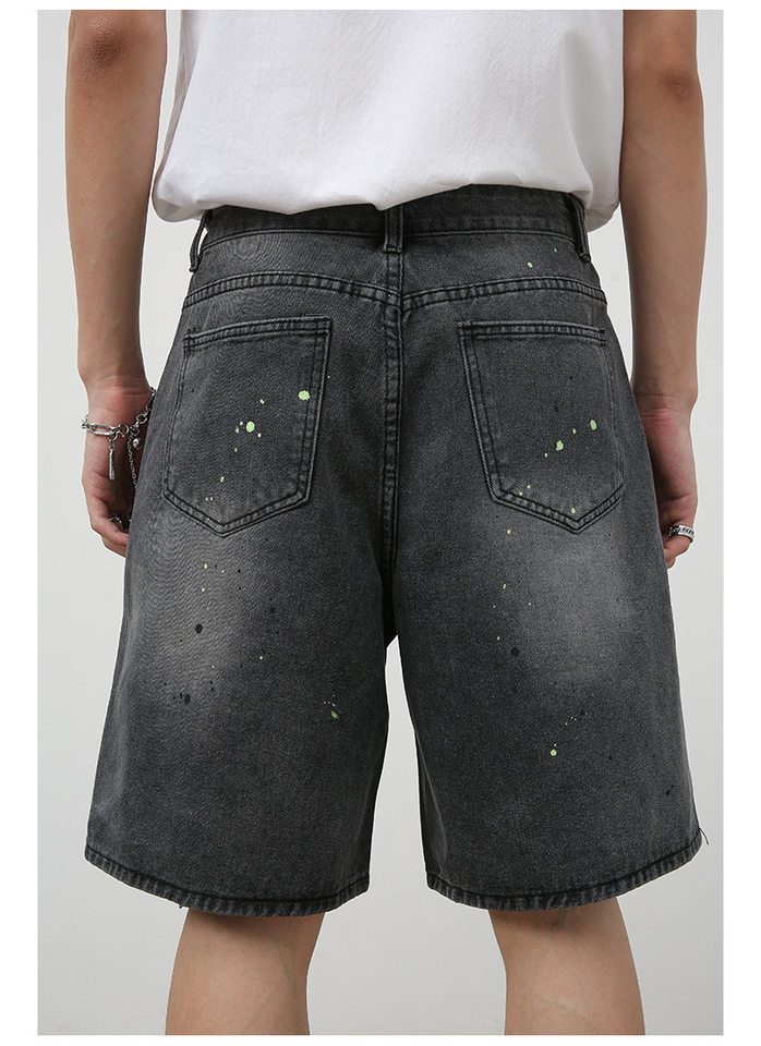 Quần short denim nam ống rộng lửng trên gối, họa tiết vệt sơn mực kiểu đường phố — Xanh lam nhạt, Đen xám chi tiết 5
