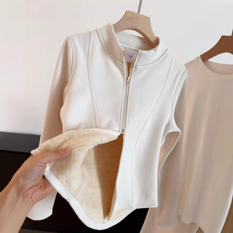 Slim-Fit Fleece Jacket for Women, Autumn and Winter, Wool Lining, Double-Sided Fleece, Warm Inner Layer, Cardigan Top, Thick