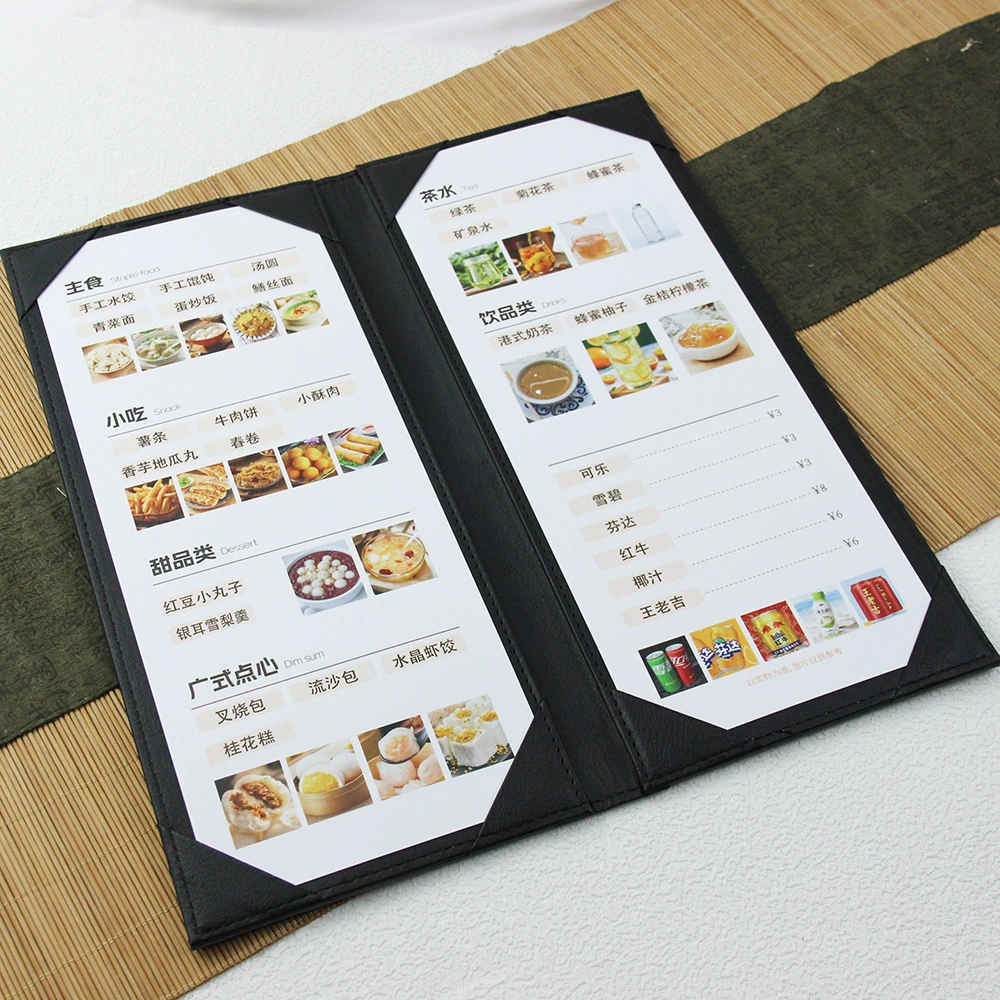 Производитель: персонализированная печать A4, меню-книга, клип для заказов, прайс-лист, обложка для винного списка, высококачественная переплетная система с возможностью замены листов.