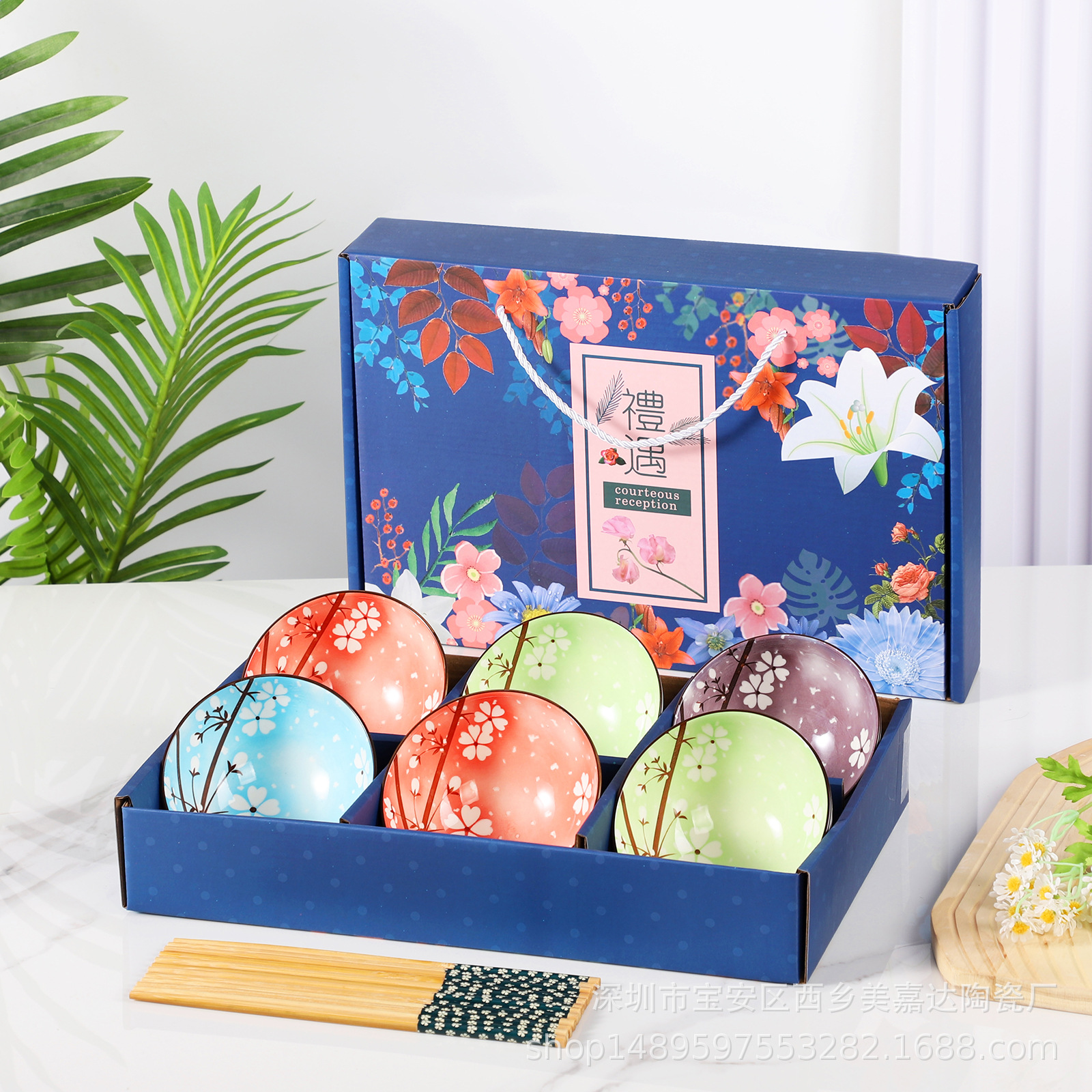 Regalo bohemio tazón de cerámica y palillos traje al por mayor tazón y plato traje hogar tazón de arroz vajilla conjunto tazón caja de regalo traje