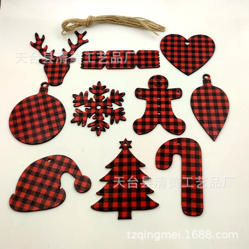 33 rojo y negro Plaid SERIE DE Navidad madera chips colgantes decorativos de Navidad se pueden combinar libremente con 10 piezas en un paquete