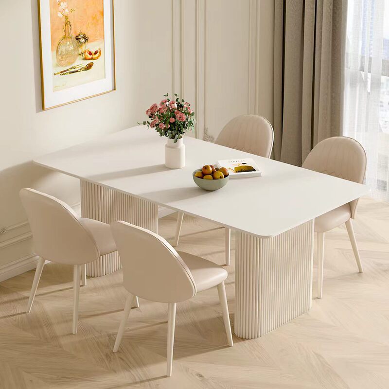 Cream-Colored Slate Dining Table for Small Apartments, Rectangular Home Dining Table and Chair Set, French-Style Light Luxury Dining Room, Matte Dining Table Cream-Colored Slate Dining Table for Small Apartments, Rectangular Home Dining Table and Chair Set, French-Style Light Luxury Dining Room, Matte Dining Table