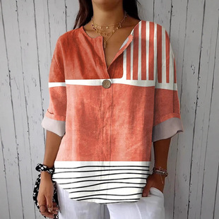 European and American Amazon Independent Station Summer New Cross-Border 3D Printed Women's Fashion V-Neck Long-Sleeved Shirt Tops