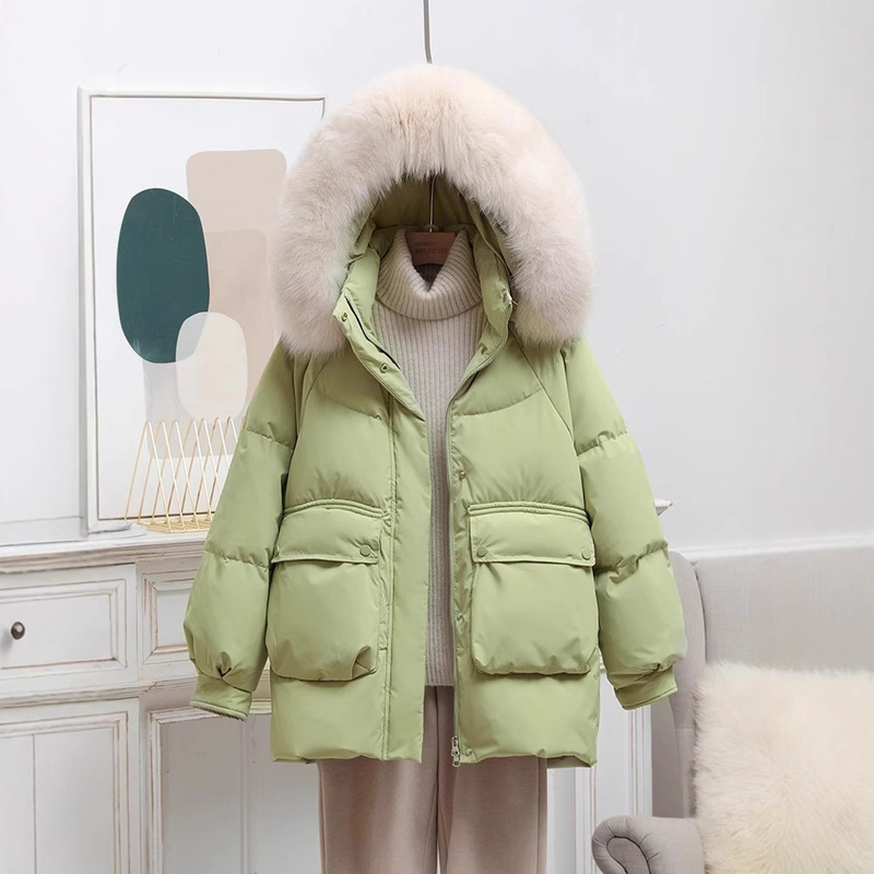 2025 Winter New Women's Mid-Length down Jacket Korean Style Fashion Thickened White Duck down Small Size Large Fur Collar Coat