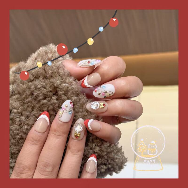 Christmas Luminous Light Bulb Handmade Wearable Nails Red and White Gold Diamond Luminous Manicure Festive Atmosphere Luminous Nails