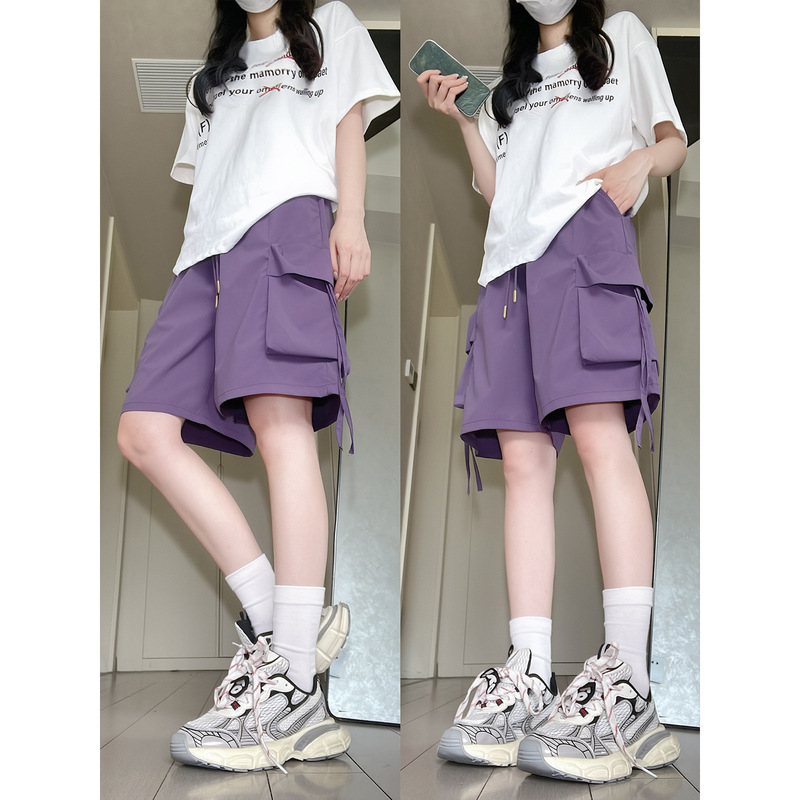 Purple Quick-Dry Work Shorts for Women, Summer 2026 New High-Waisted Casual Loose Wide-Leg Sports Shorts