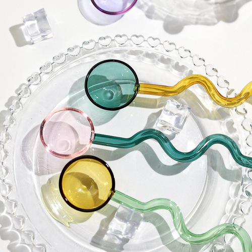 Ins style creative candy color contrasting color glass spoon Cute colorful curved handle high borosilicate glass spoon
