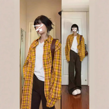 美式复古黄色格子衬衫外套男女早春装2024款独特别致上衣情侣衬衣