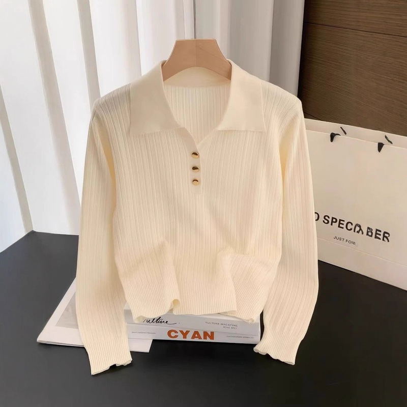 Polo Collar Knitwear Women's Spring & Fall 2025 New Pullover Knitwear Vertical Pit Strip Short Lapel Bottoming Shirt Top Women