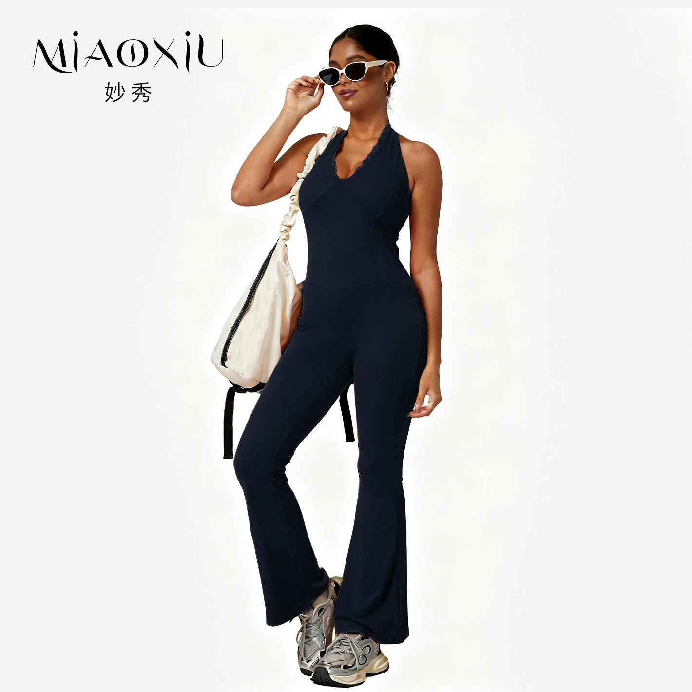 European and American Popular V-Neck Lace Bodysuit Yoga Wear Nude-Feel Fitness Sports Waist-Cinching Fitness Bodysuit with Flared Pants