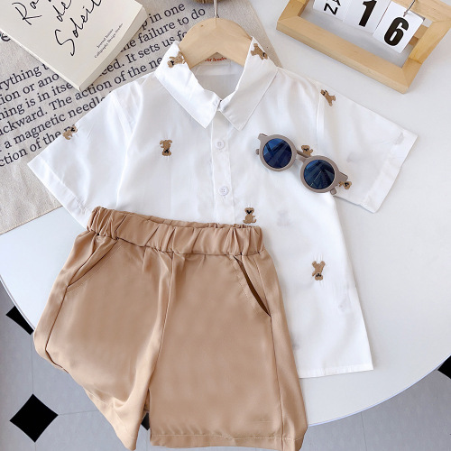 Children's cartoon bear suit summer Korean style children's clothing boys' fashion shirt shorts girls' skirts and pants two-piece set wholesale