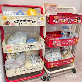 网红拼色小推车置物架可移动零食架落地收纳架卧室客厅架整理批发