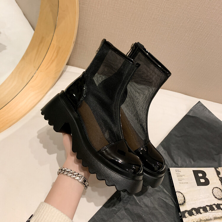 Boot ngắn nữ da thật vải lưới cao gót 6cm mùa hè phong cách Anh thoáng khí — Màu đen, Trắng be chi tiết 138