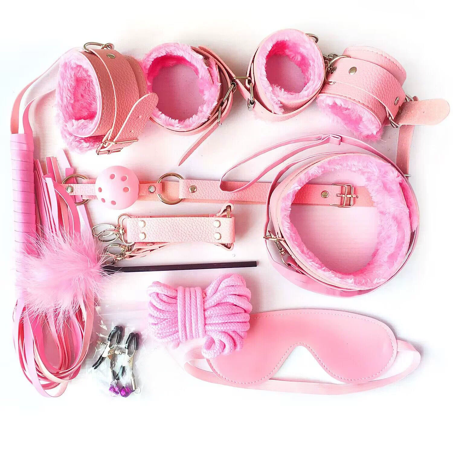 Bondage kit, multi-piece couples set, PU leather restraints, blindfold, feather tickler