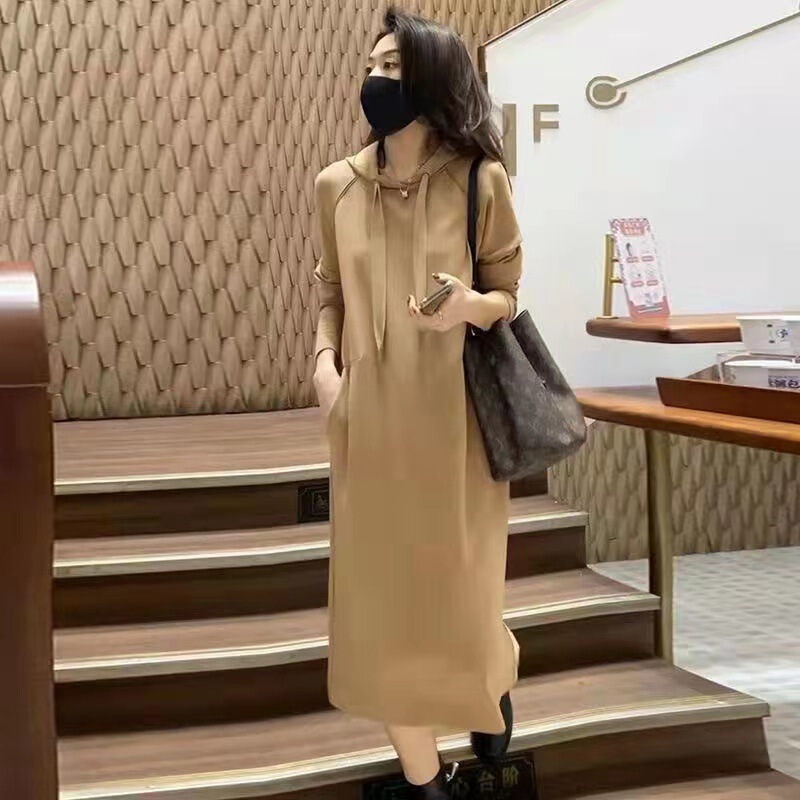 Dress Autumn and Winter New Hooded Sweatshirt Dress Long Knee-Length Large Size Thickened Korean Style Loose Slim Dress Trendy Dress Autumn and Winter New Hooded Sweatshirt Dress Long Knee-Length Large Size Thickened Korean Style Loose Slim Dress Trendy