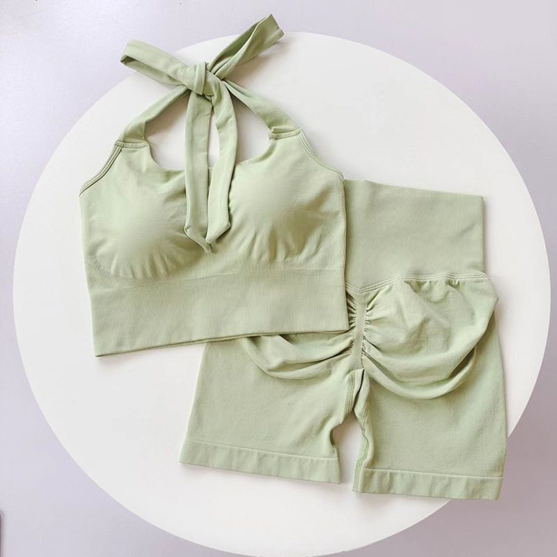 Full Matte Nylon New Halterneck Suit Women's Sports Bra Fitness Bra Running High Waist Nine-Point Yoga Peach Pants