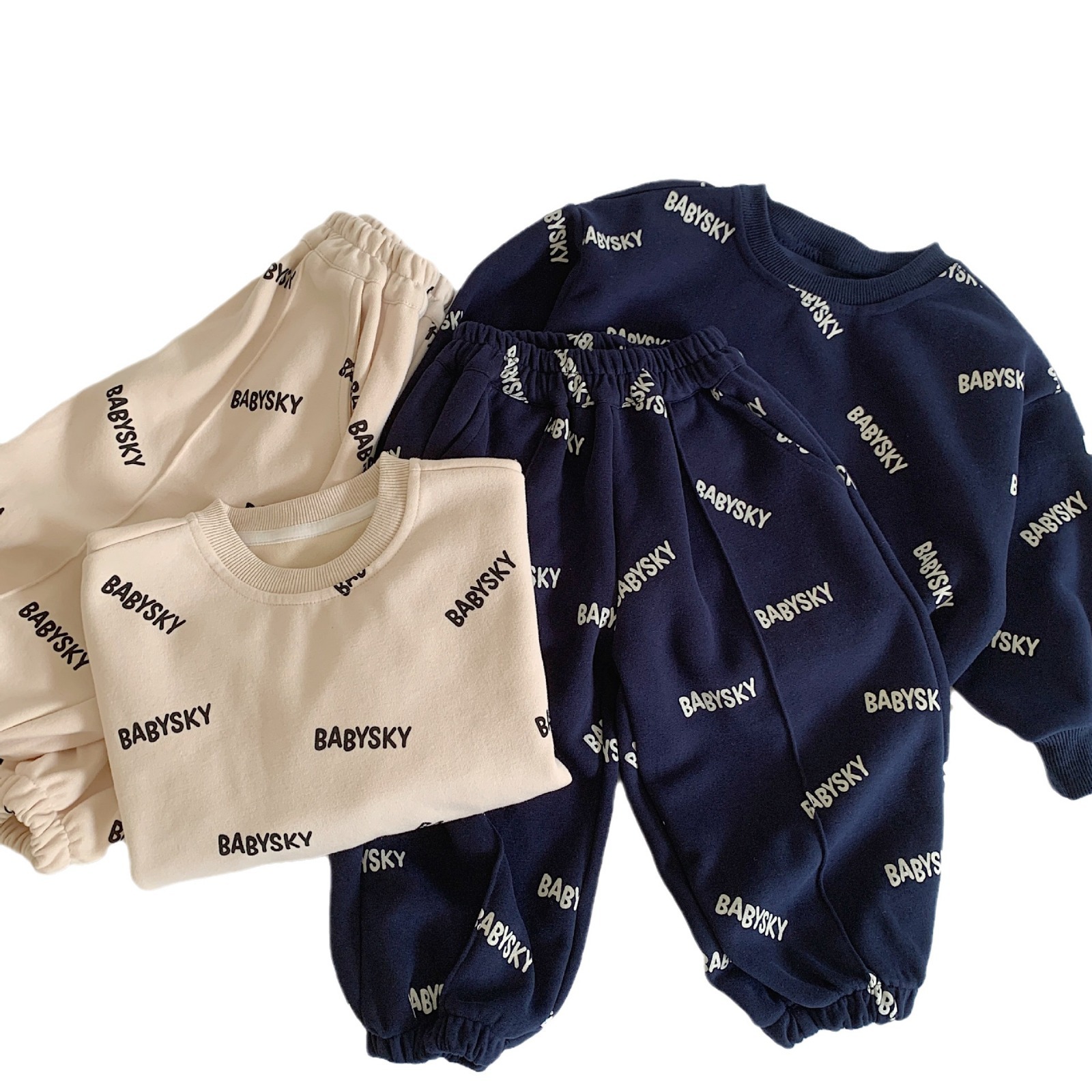 Mei Bao conjunto de niños 2025 primavera lleno de letras impresas nuevos productos ropa infantil para niños, hombres y mujeres, camisetas, pantalones casuales de dos piezas
