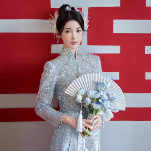 Blue Xiuhe Dress 2024 New Bridal Chinese Wedding Dress Summer Cabinet Dress Malay Jacket Slimming Dragon and Phoenix Jacket