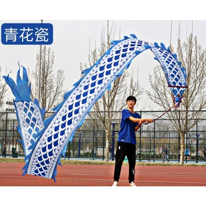 [绸布健身彩带中老年广场舞飘带道具彩条舞龙表演道具甩杆龙跨境]