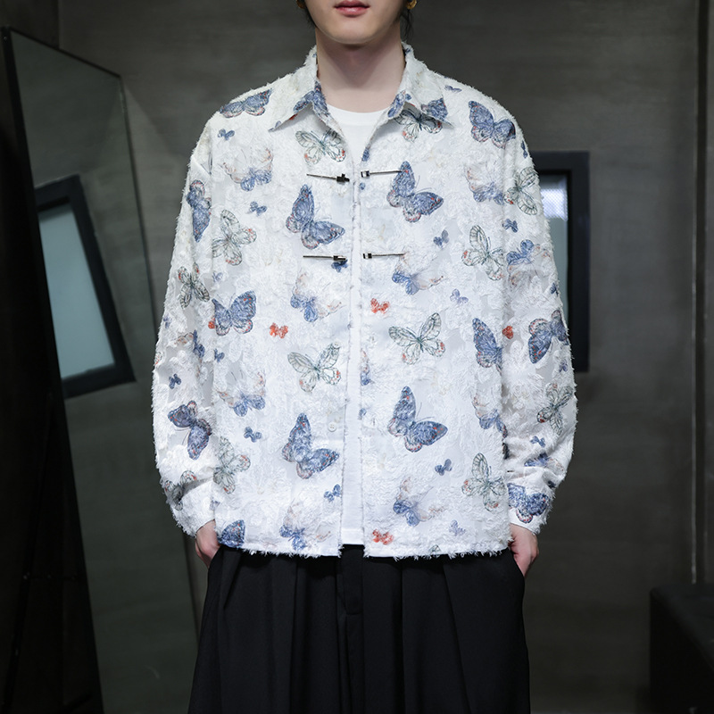 Shirt New Arrival Chinese-Style Organza Butterfly Tassel Jacquard Translucent Buckle Men's Loose Fashionable Long-Sleeved Lining