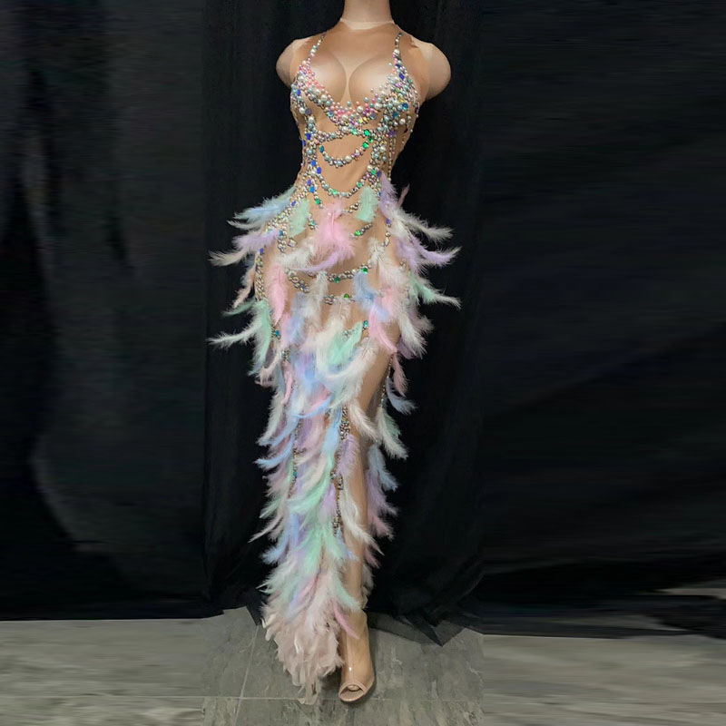 New Arrival Singer Host Model Colorful Feather Rhinestone Stretch Hip Long Dress Evening Dress Adult Stage Costume
