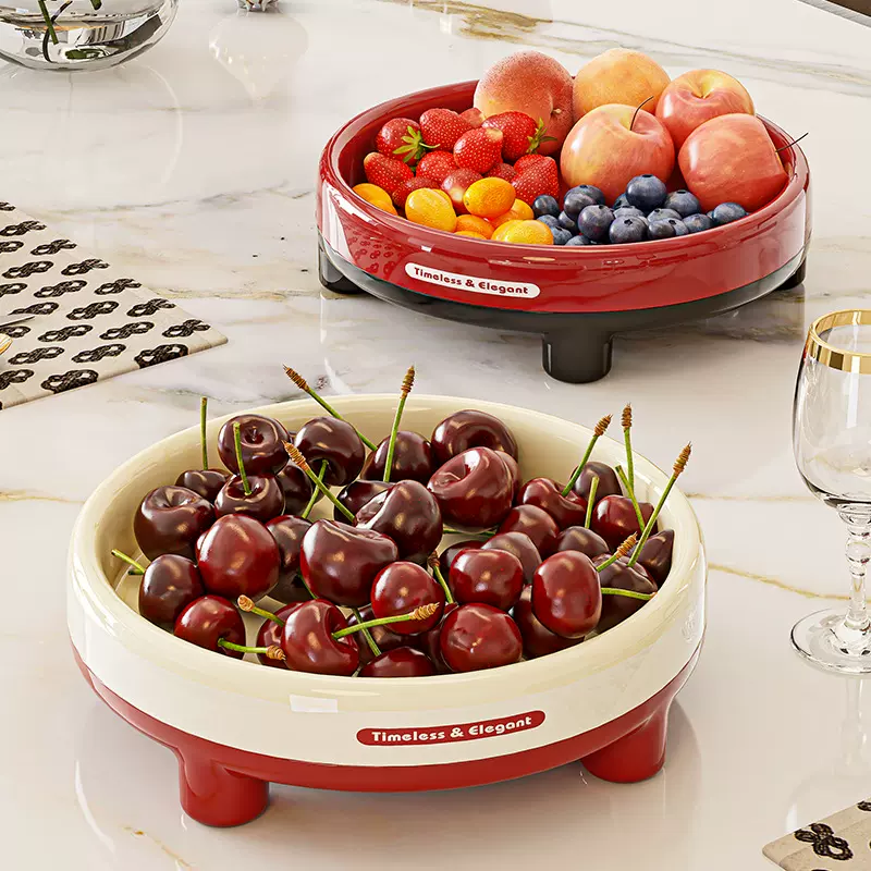 旋转果盘简约卡通春节家用客厅零食糖果收纳高颜值喜庆塑料托盘