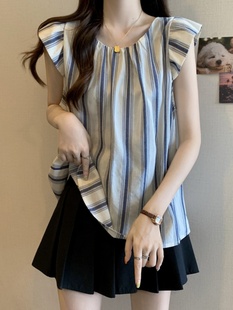 plus size Women's Korean-style Vertical Stripe Flying Sleeve Vest Shirt Summer chubby girl All-match Slimming Trendy Women's Top