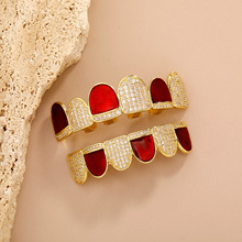 圣诞红满钻镜面双拼牙套TEMU超炫夜光嘻哈牙套批发时尚个性金牙