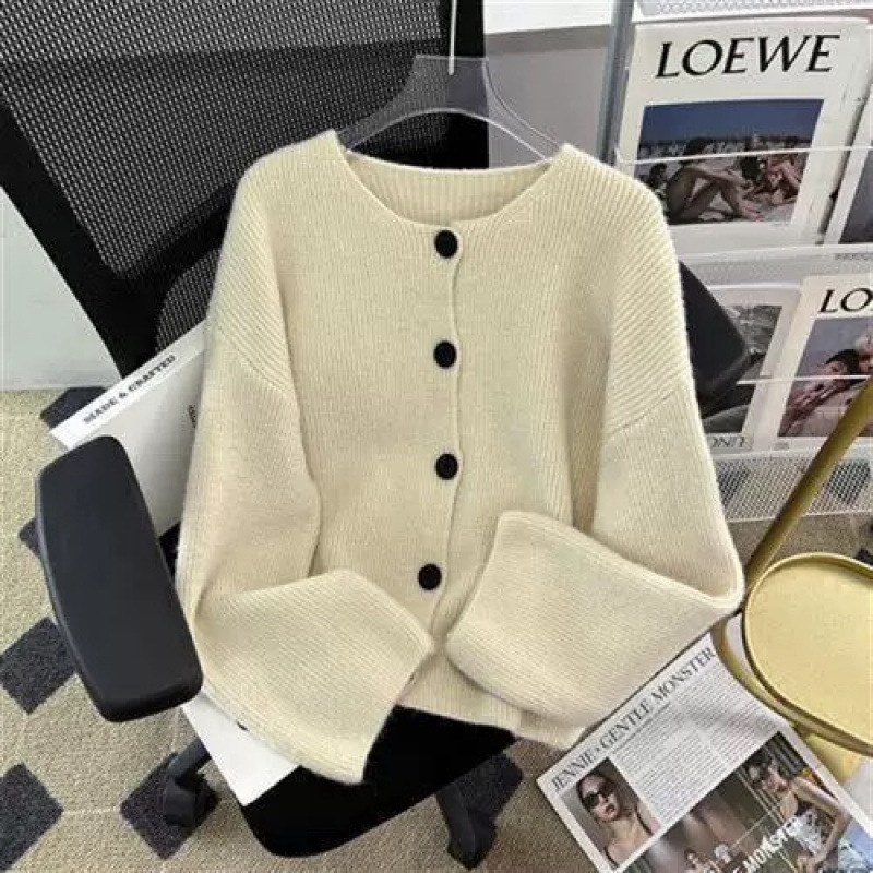 2025 nuevo suéter de punto sin cuello mujeres otoño-invierno coreano botón de una sola fila cuello bajo vestir la camisa de estilo perezoso