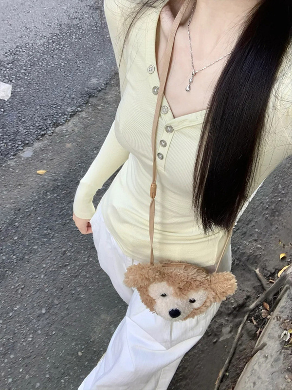 美式甜辣V领设计感小众长袖T恤女秋季新款小个子正肩修身显瘦上衣|undefined