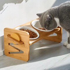 クロスボーダー木製猫ボウル木製ペットフィーダー猫犬ボウルホルダーダブルボウルフードボウルホルダーペット食器ダイニングテーブル