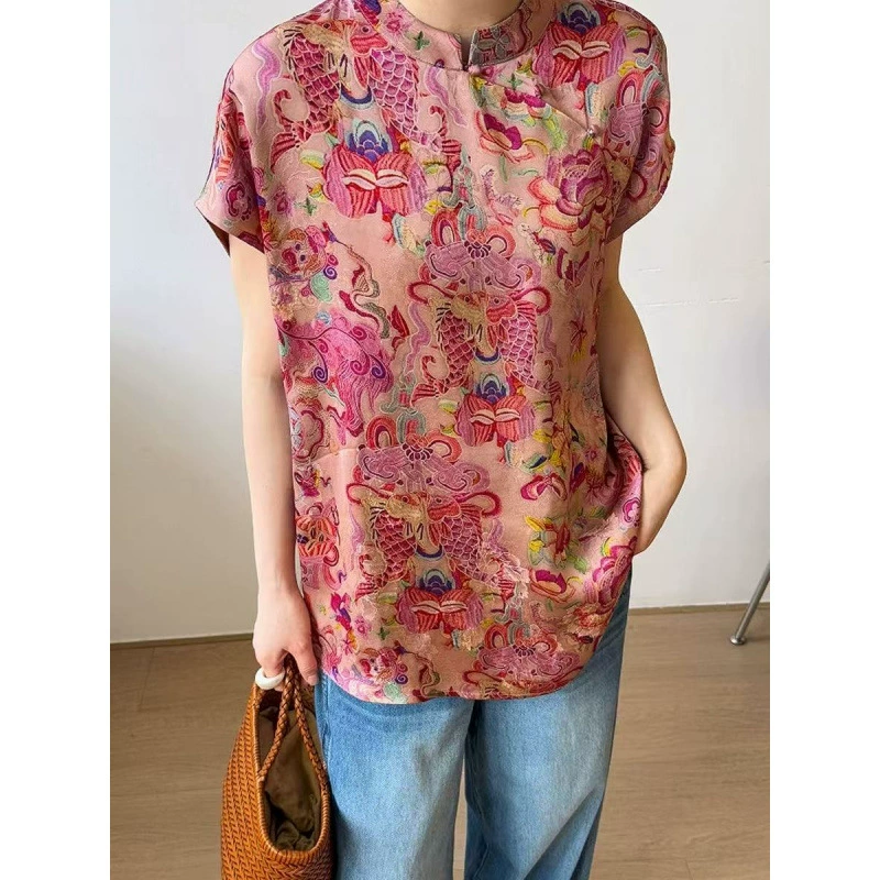 Новая женская рубашка в китайском стиле с воротником-стойкой и пуговицами в национальном стиле, лето 2025, свободный свободный улучшенный топ в стиле Тан с принтом в стиле ретро