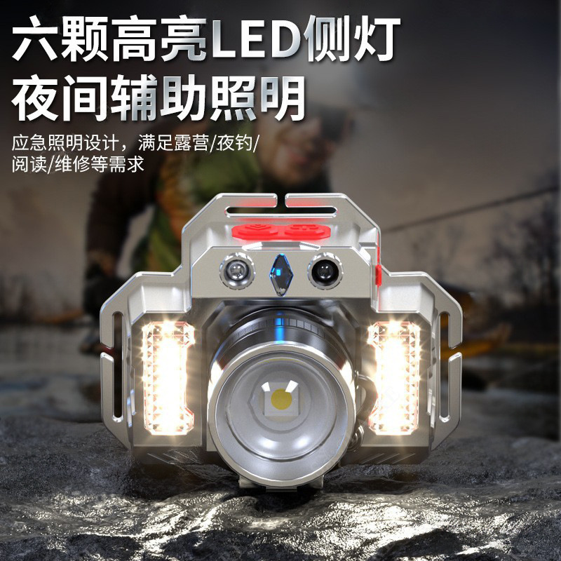 Lámpara de inducción láser blanca cargar la función del tesoro de lámpara lateral lámpara de trabajo portátil al aire libre lámpara de pesca de noche lámpara de cabeza linterna montada en la cabeza