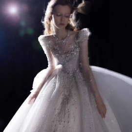 Wedding dress奢华重工高级长袖星空银河渐变主纱仪式纱长拖尾