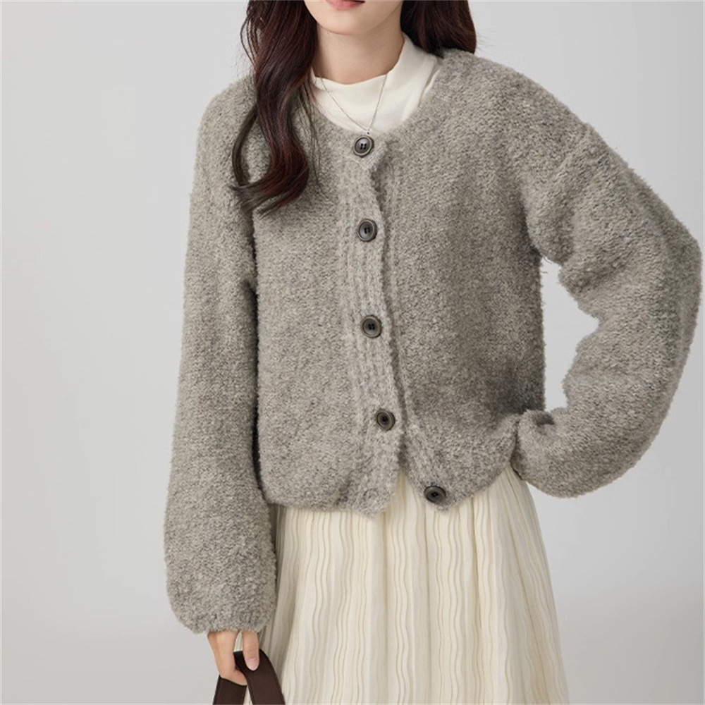 Suéter de cuello redondo de anillo glutinoso suave, abrigo de ropa de mujer, otoño y invierno, nuevo estilo suelto y delgado, cardigan de punto perezoso.