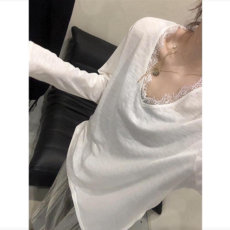 White V Neck Lace Long-Sleeved T-Shirt for Women in Early Autumn, Loose and Lazy Old Money Style Top