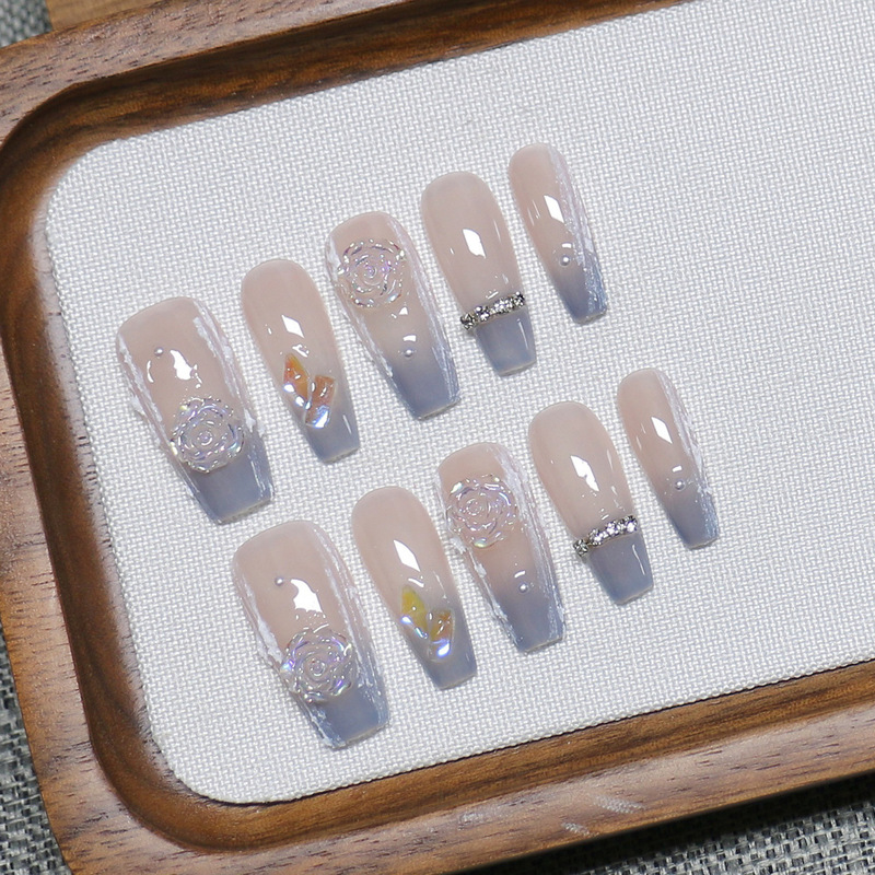 Pure hand-worn armor ice transparent blue Camellia pure desire nail nail nail Aurora diamond student Bride wedding armor detachable